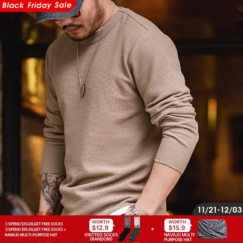 Maden Workwear Japanese Vintage Heavyweight 300g Waffle Round Neck T-shirt Sweater Long Sleeve Shirt For Men