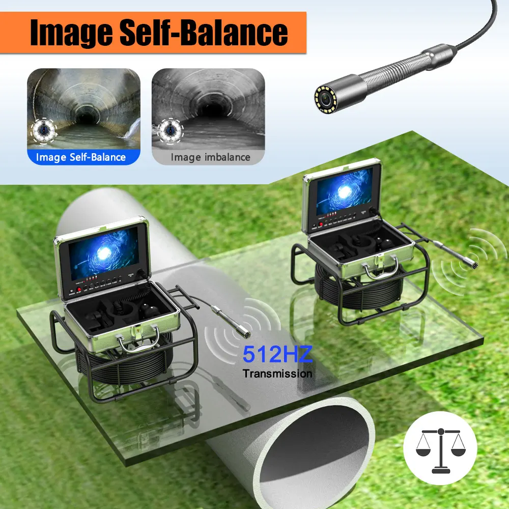 Sewer Inspection Camera, 512Hz Self-Leveling Sewer Camera with 9' Monitor, AHD 1080P Endoscope Camera with 12PCS White Light