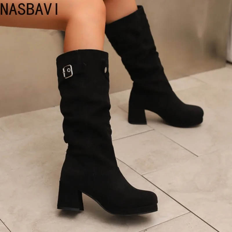 

Женские высокие сапоги, пикантные плиссированные осенне-зимние туфли, черные, красные длинные ботинки на каблуке, женская обувь, большой размер 48, новые тенденции