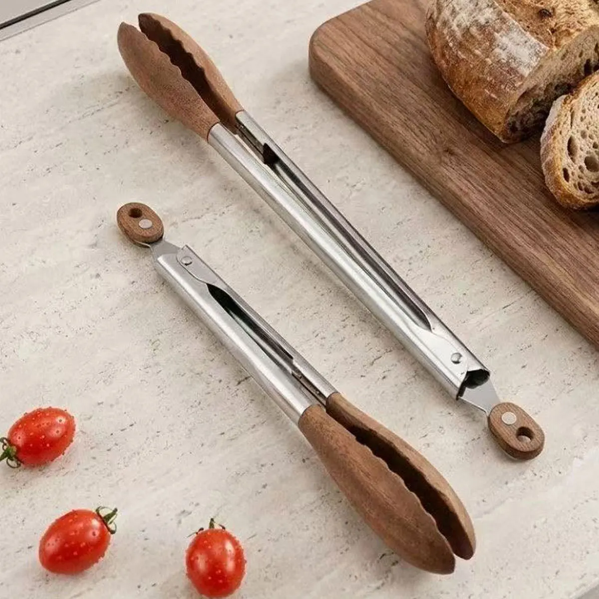 New outdoor barbecue kitchen stainless steel food-grade high-temperature resistant anti-scald walnut wood tongs set for steak, bread, and roasting meat, available in various sizes, 2pcs