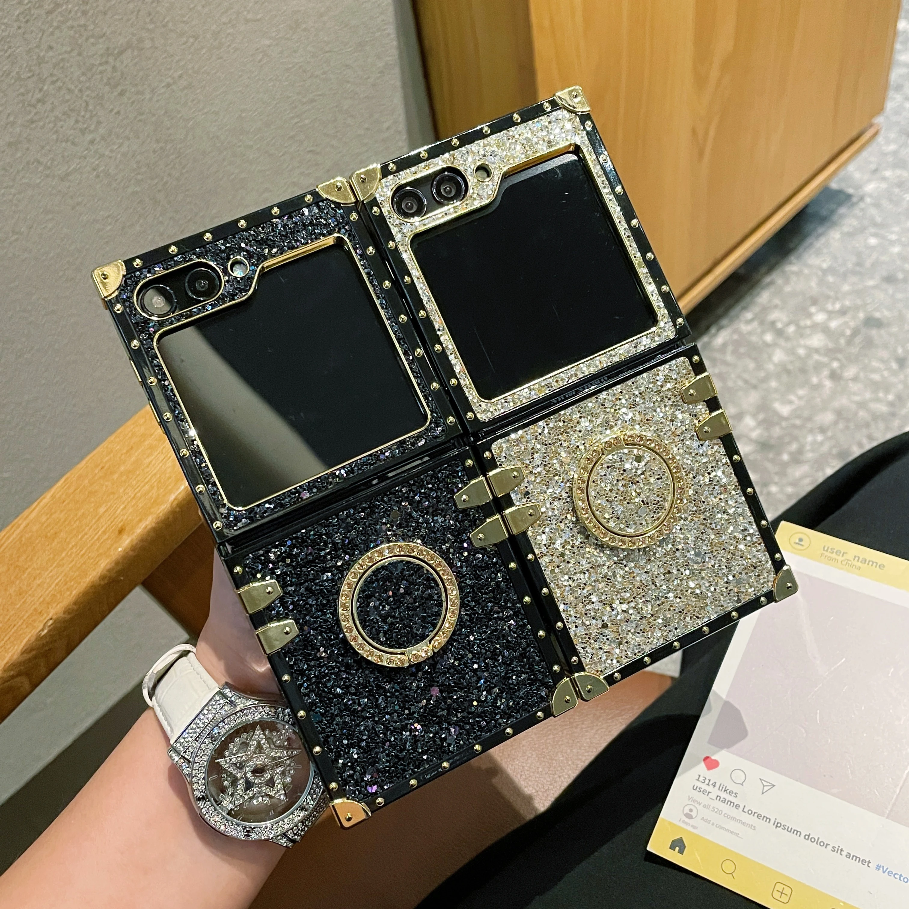 Anti-fall Square Premium Gold Frame New TPU Mobile Phone Case Suitable for Samsung Galaxy Z Flip 7 6 5 4 3 5G 7 Fe With Bracket