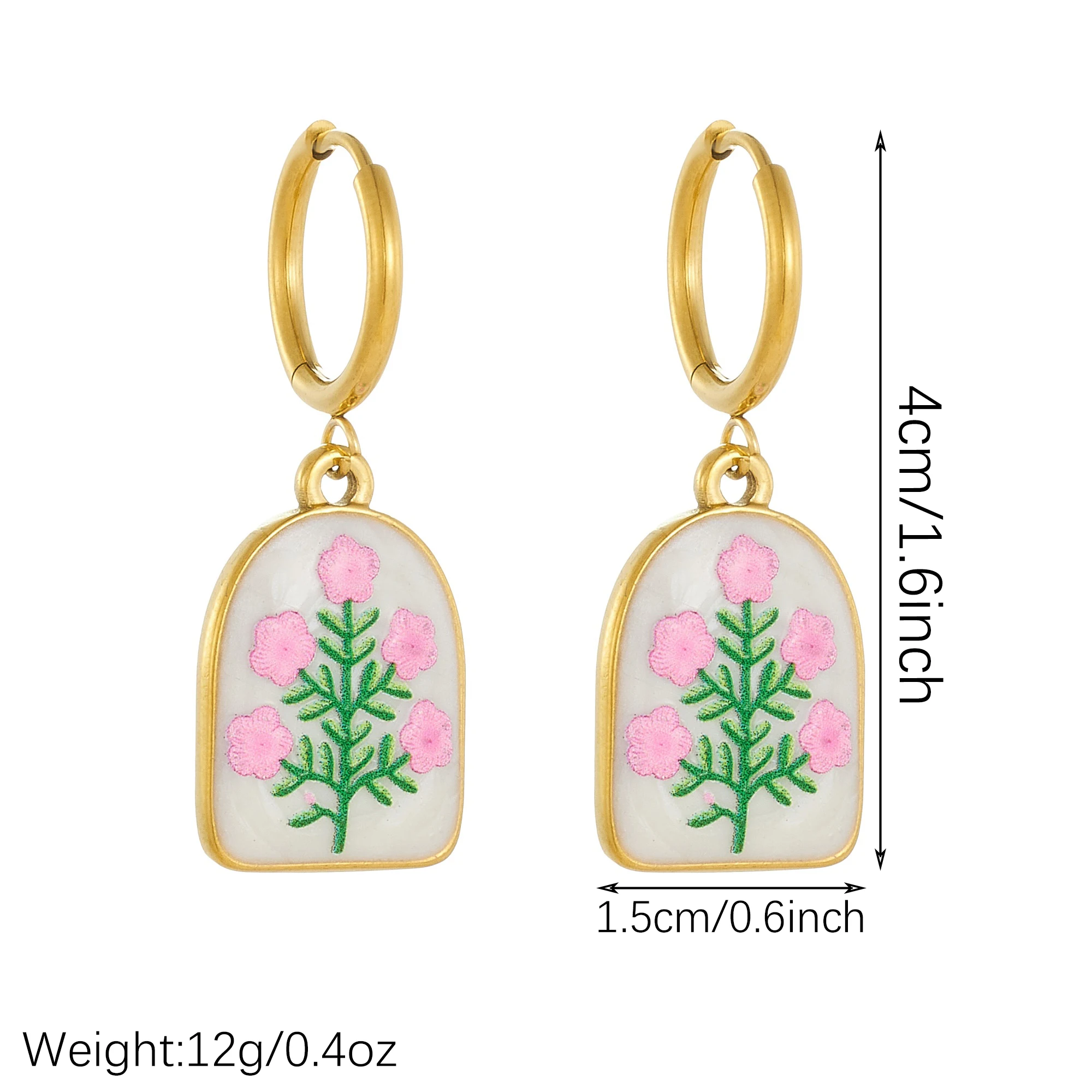 DIEYURO Stainless Steel Hand Painted Pink Enamel Flower White Arch Hoop Earrings Ladies Trend Waterproof Dangle Earrings Jewelry
