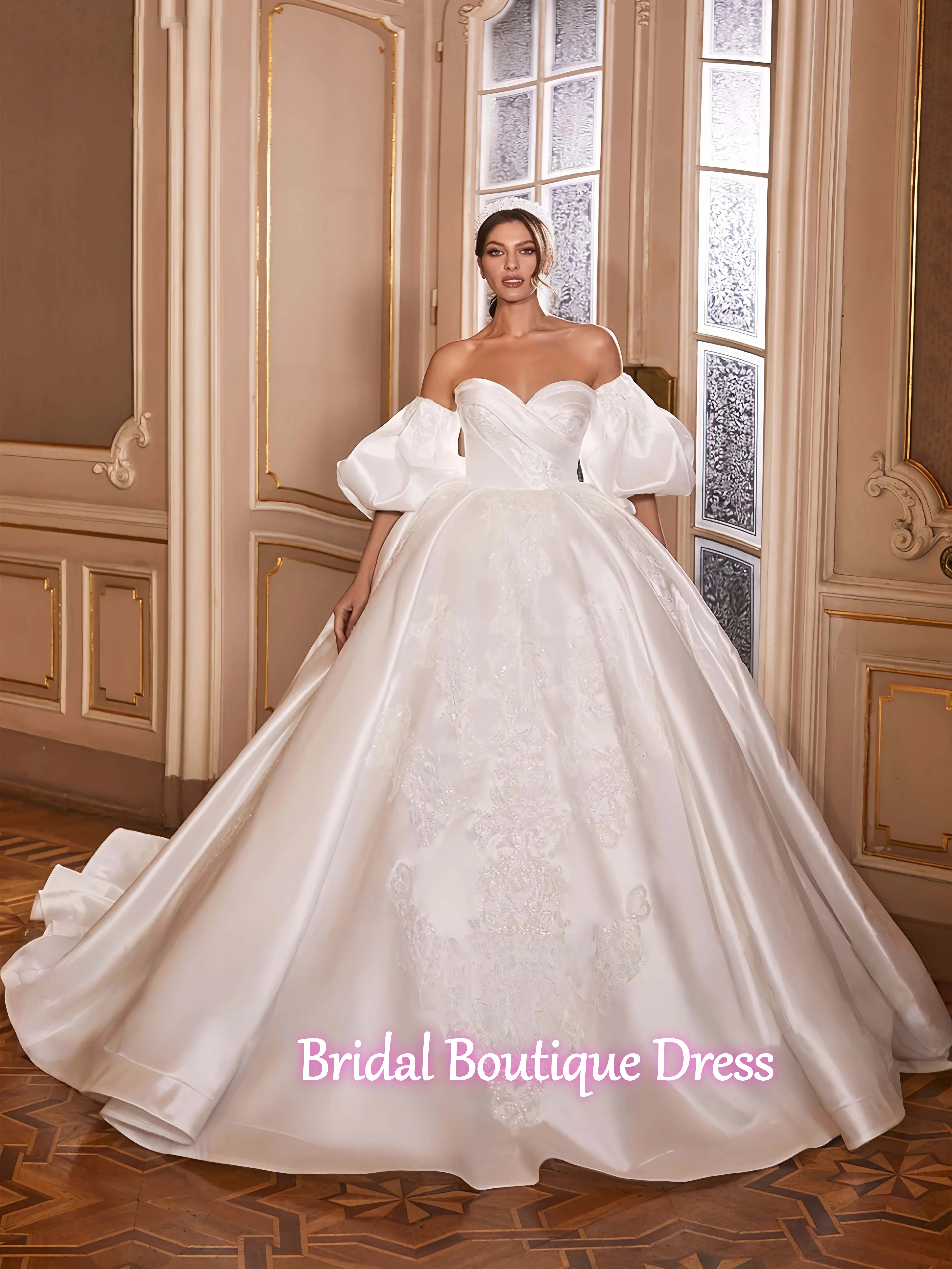 

Роскошное бальное платье по индивидуальному заказу, свадебное платье, атласное милое свадебное платье с аппликацией из бисера и открытой спиной, со съемными пышными рукавами