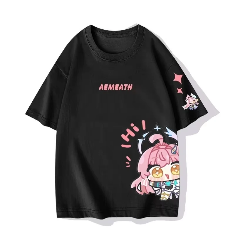 Wuthering Waves Aemeath Kawaii Casual Print T-Shirt for Men Women Washed T-shirt Y2k Short Sleeves Streetwear Trendy Cotton soft