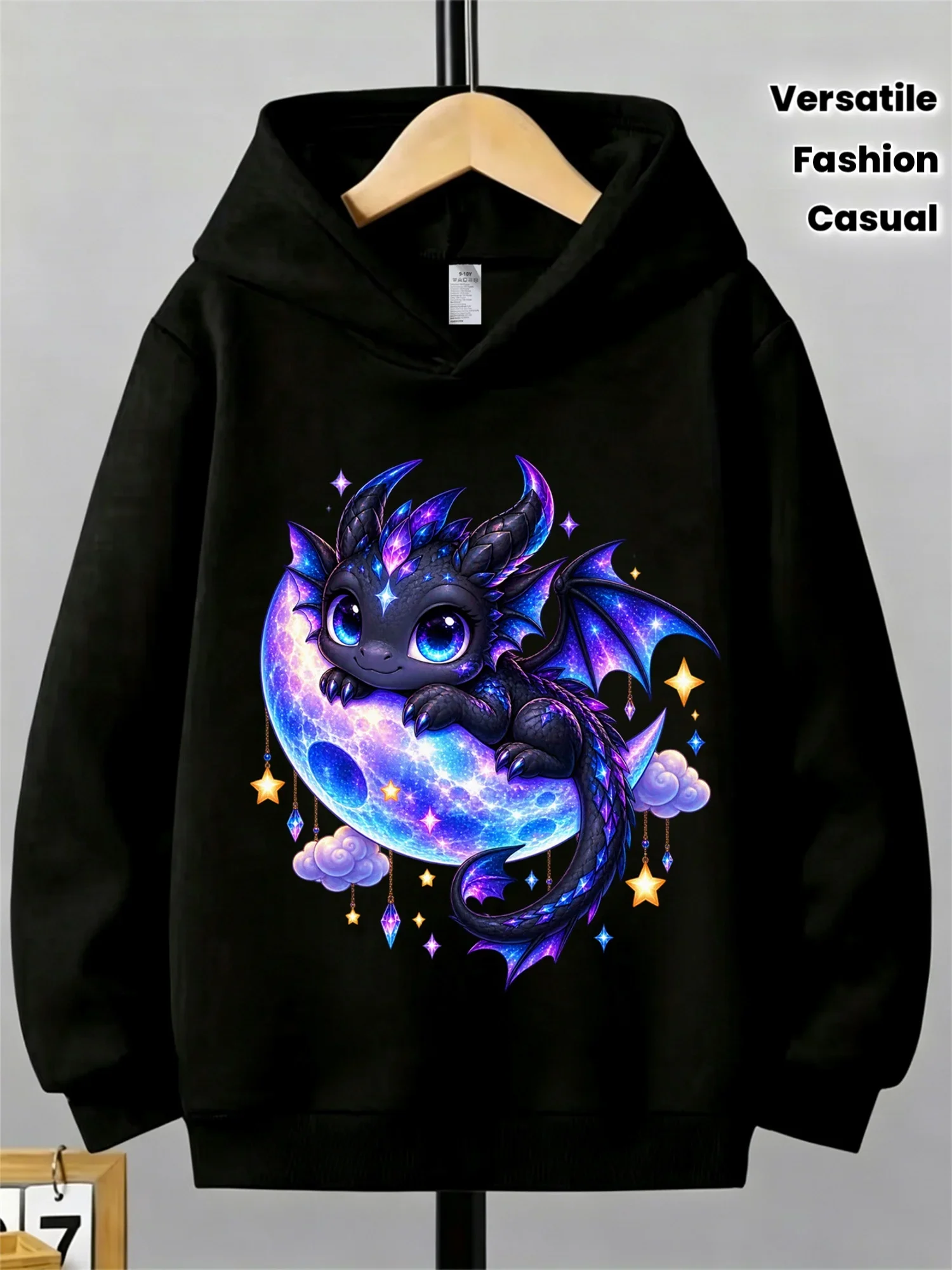 Korean Hot Kids Hoodie Kawaii Purple Blue Starry Moon Dragon Print Unisex Children Hooded Sweatshirt