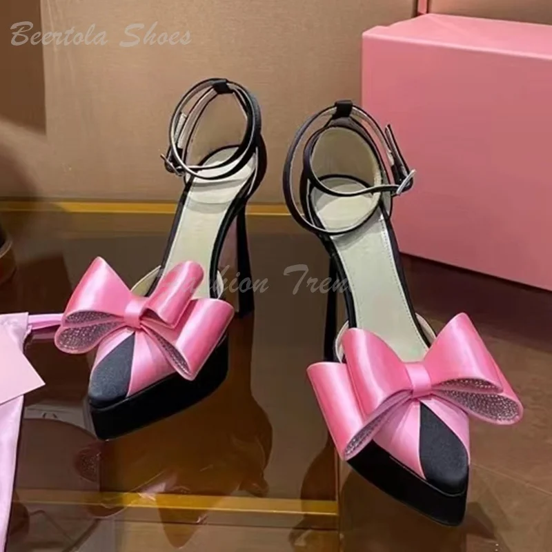 Fuchsia Platform Crystal Heels Rose Red Woman Black Satin Sandals White Bow Buckle Pointed Pump Elegant Dress Hot Chick Shoes