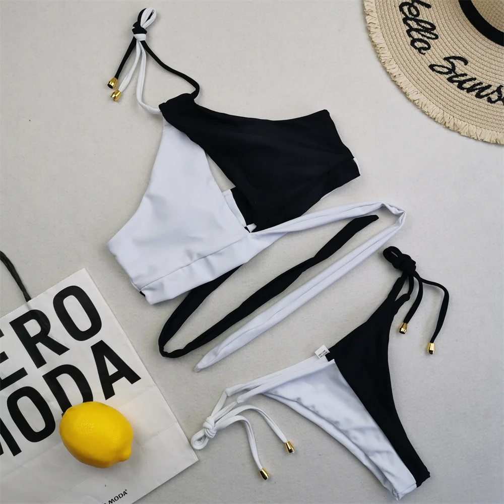 

Cross Bandage Bikini Thong Y2K Patchwork Halter String Swimsuit Women Split Vacation Swimwears Beach Outfit Bath Suits Sexys Set