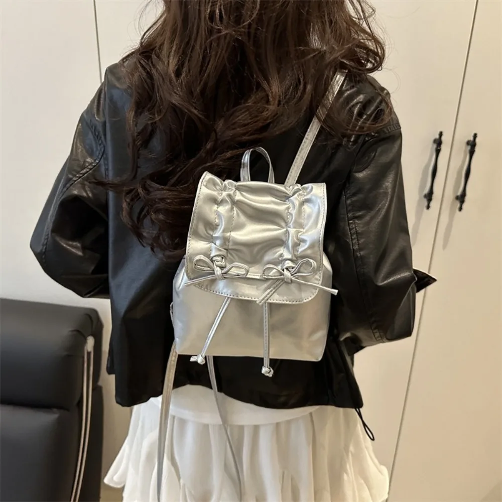 

Creative Tie Bow Backpack Y2k Solid Color Pu Leather Backpack Double Shoulder Bag Handbag Student School Bag Gift