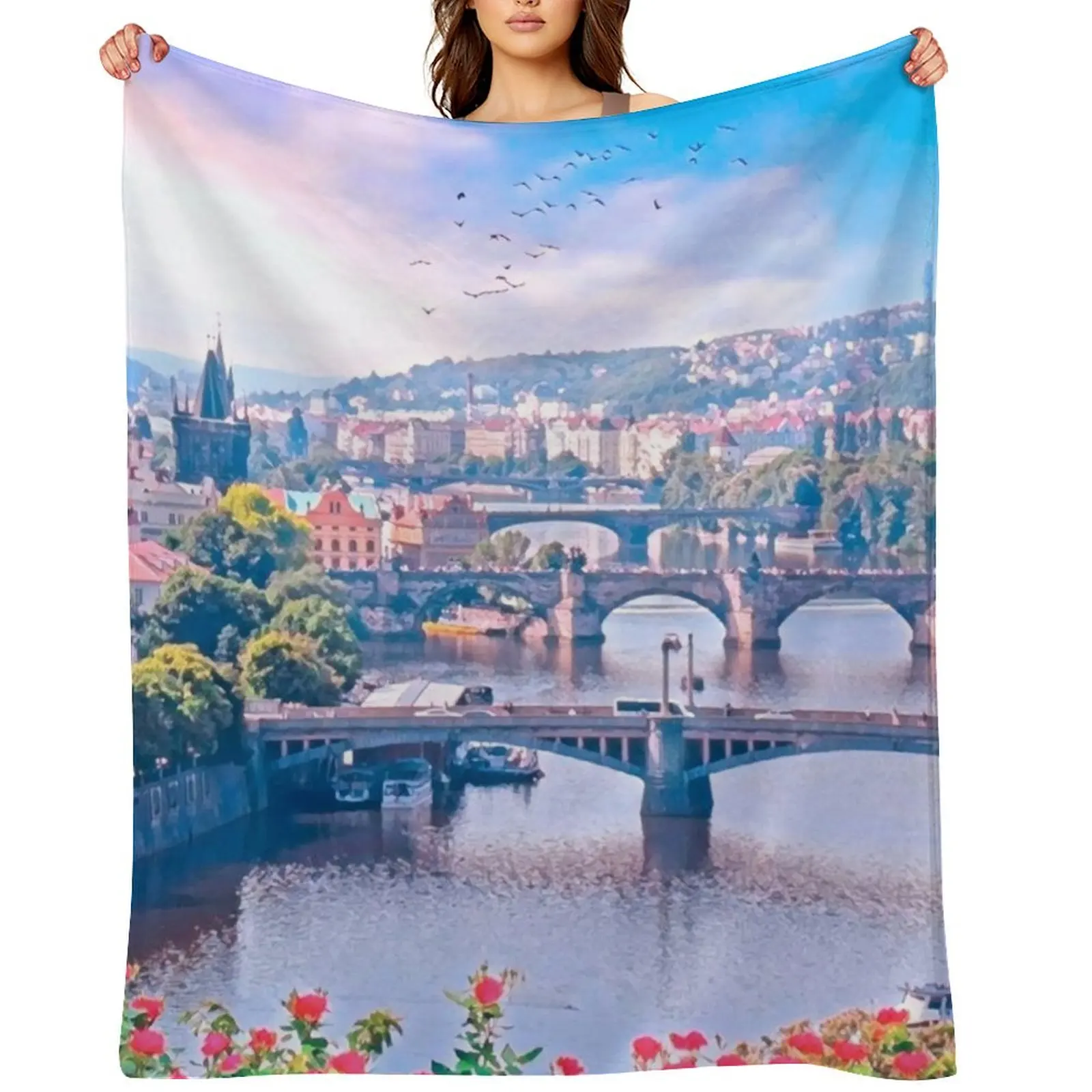 

Prague Cityscape Czech Republic Throw Blanket heavy to sleep valentine gift ideas Flannel Luxury Throw Blankets