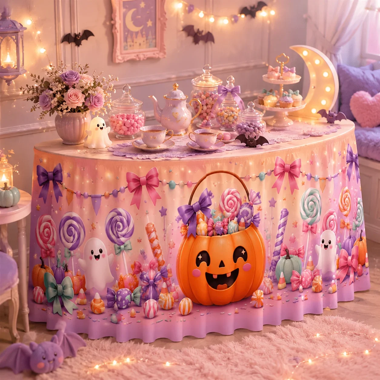 One table skirt in a pale-colored Halloween pumpkin bucket design with printed decoration. Suitable for Halloween parties.xzj