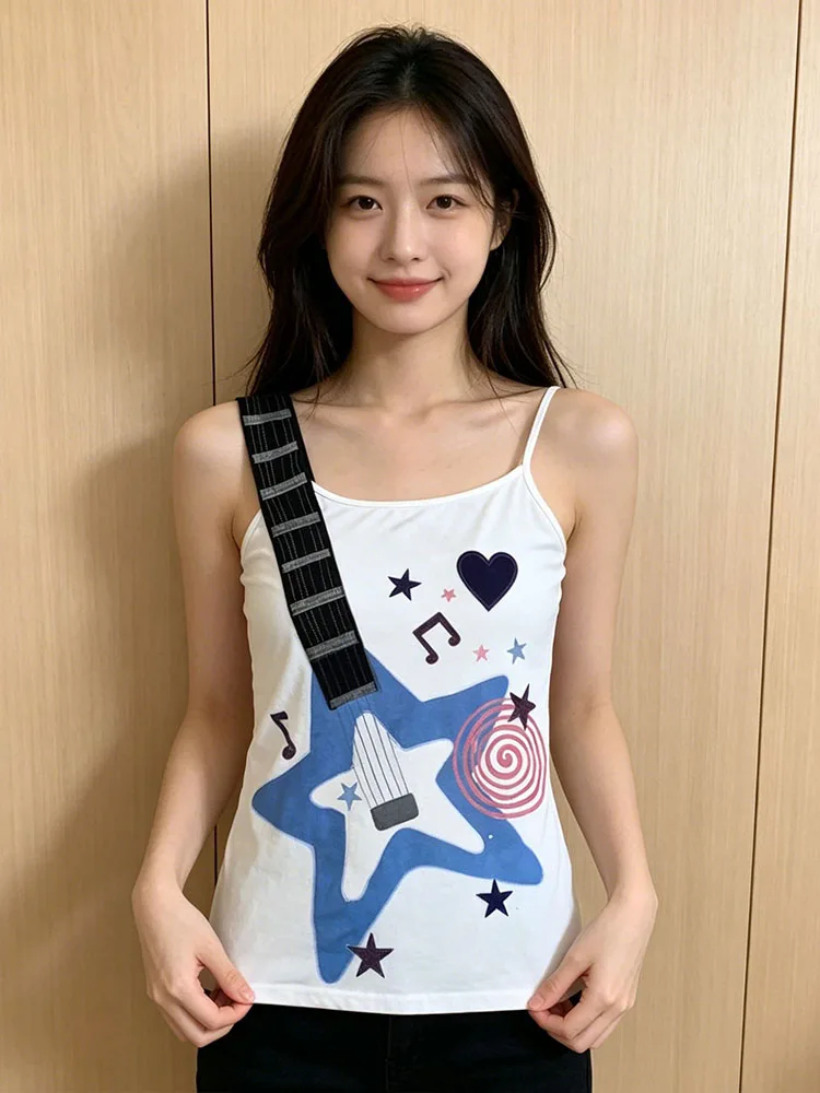 Y2K Rock Guitar Print Cami Tank Top Star Music Note Graphic Slim Spaghetti Strap Layering Vest