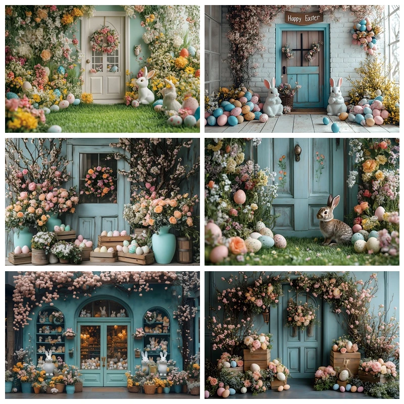 Happy Easter Photography Backdrop Spring Flower Grass Background Colorful Easter Eggs Rabbit Bunny Backdrop Photoshoot Banner