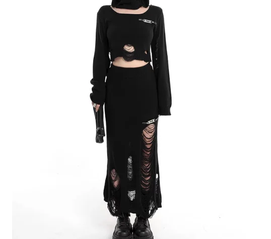 Herfst Winter Punk Persoonlijkheid Meisjes Fishtail Gebreide Lange Rok Zwarte Hoge Taille Mode Veelzijdige Holle Straat Rokken