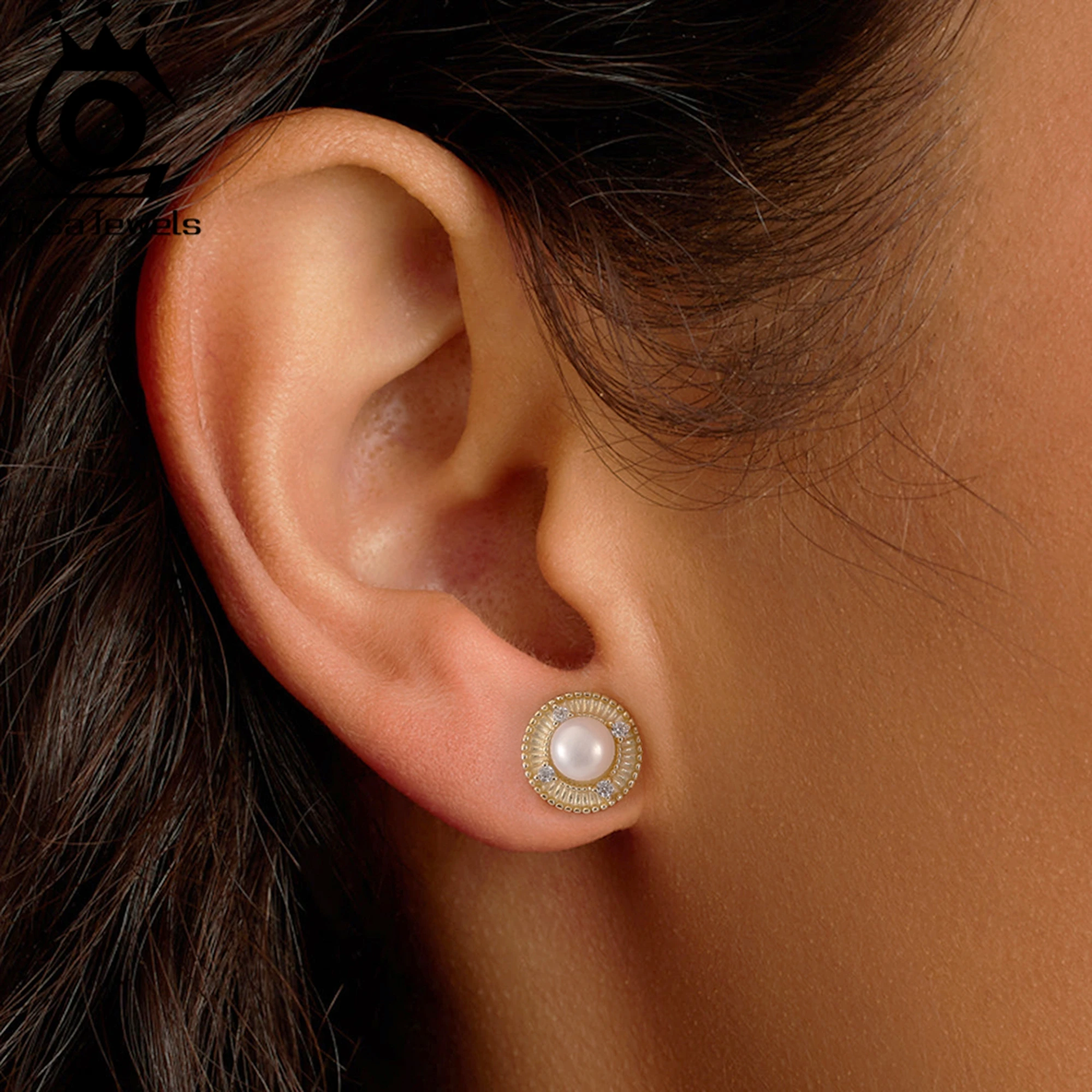 ORSA JEWELS 925 Sterling Silver 14K Gold Exquisite Stud Earrings 5.5-6mm Natural Freshwater Oval Pearl & Zirconia Decor GPE123