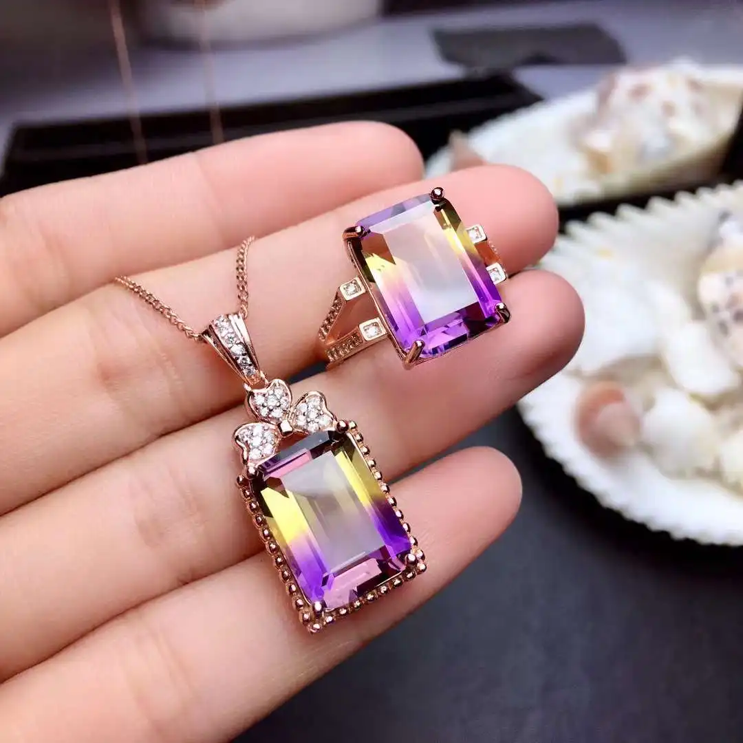 Ametrine Set For Sale Natural Real Ametrine 925 Sterling Silver Women Jewelry set Anniversary Gift 1pc ring,1pc pendant