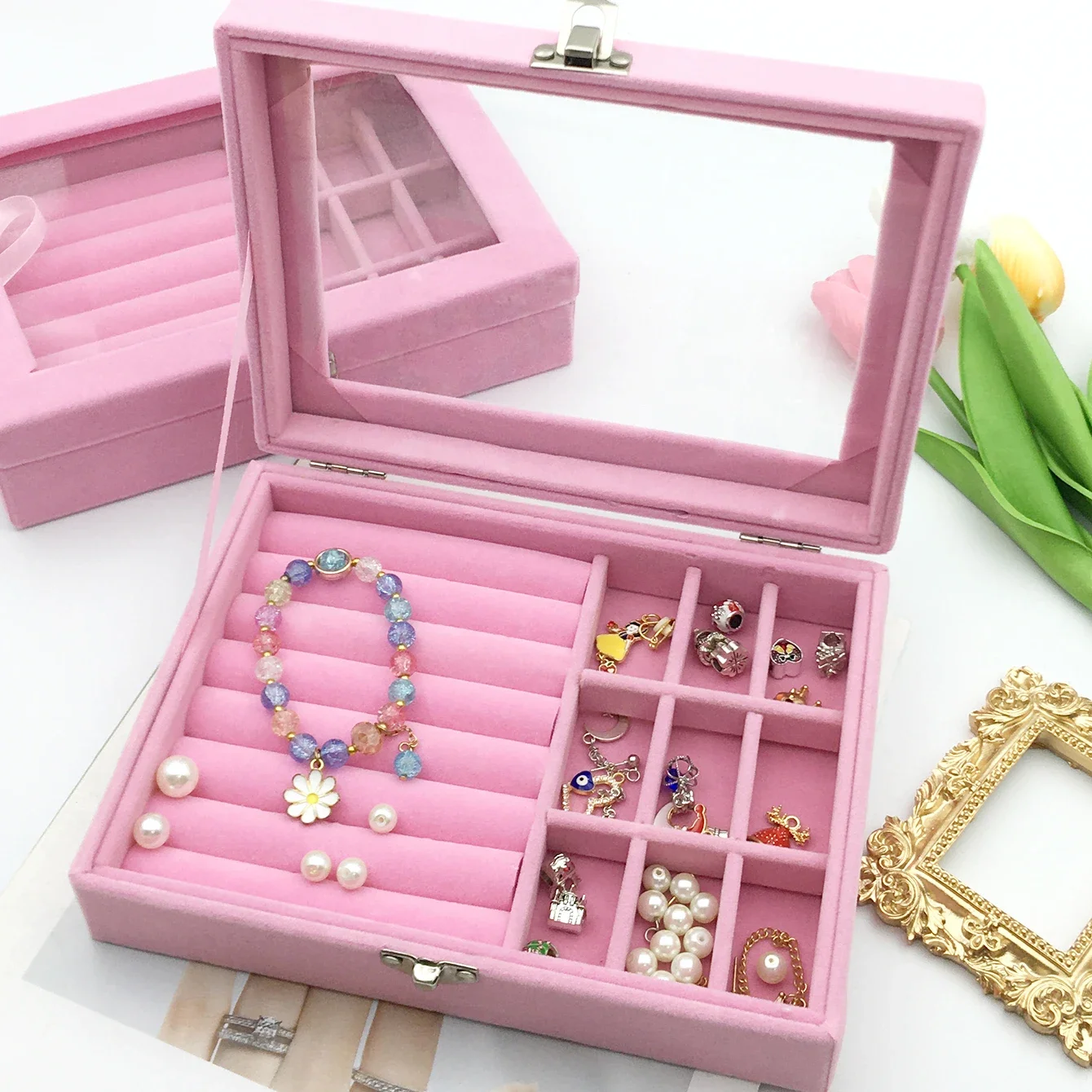 

1Pc Pink Flannel Dustproof Jewelry Storage Box With Transparent Visible Cover - Perfect for Wearing Earrings Ring and Necklaces