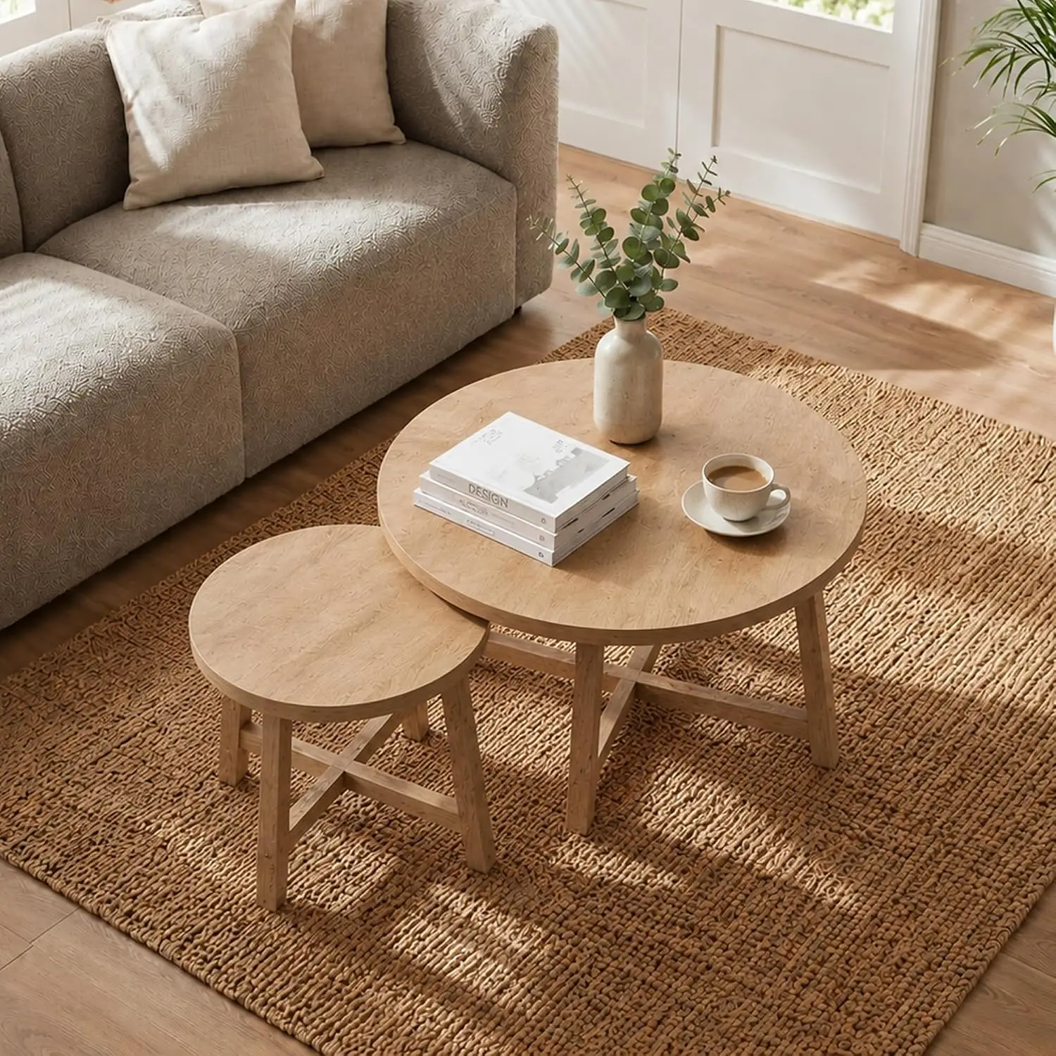Round Nesting Coffee Tables Natural Wood X-Frame Stackable Side Tables for Living Room Bedroom Balcony, Customized