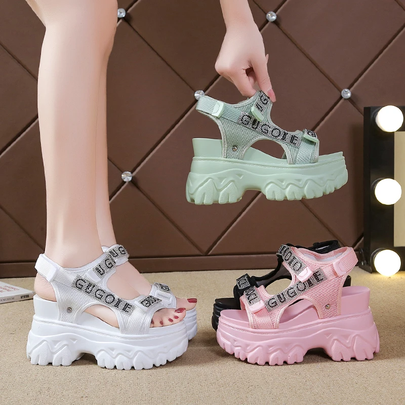 High Platform Sandals Women Bling Wedges High Heels 2022 Summer Buckle Crystal Chunky Sandalias Beach Slippers Zapatos Mujer 9CM