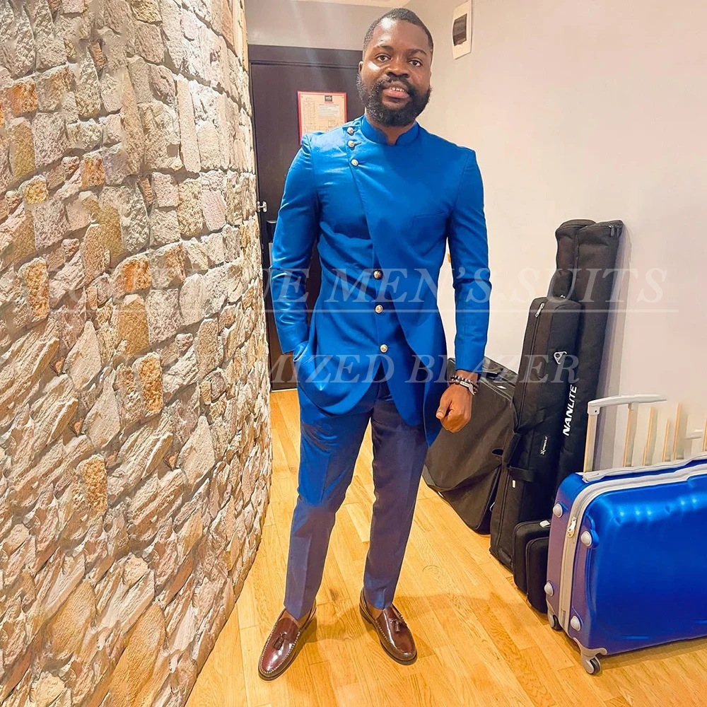 

Шикарные синие мужские костюмы Элегантная однобортная мужская одежда с лацканами-стойкой Slim Fit Высококачественная повседневная куртка-брюки Одежда