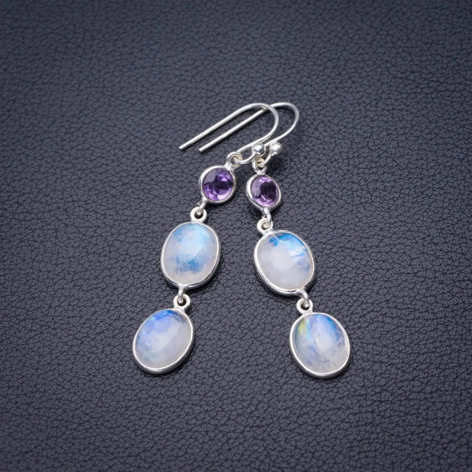 StarGems® Natural Rainbow Moonstone And Amethyst Handmade 925 Sterling Silver Earrings 2