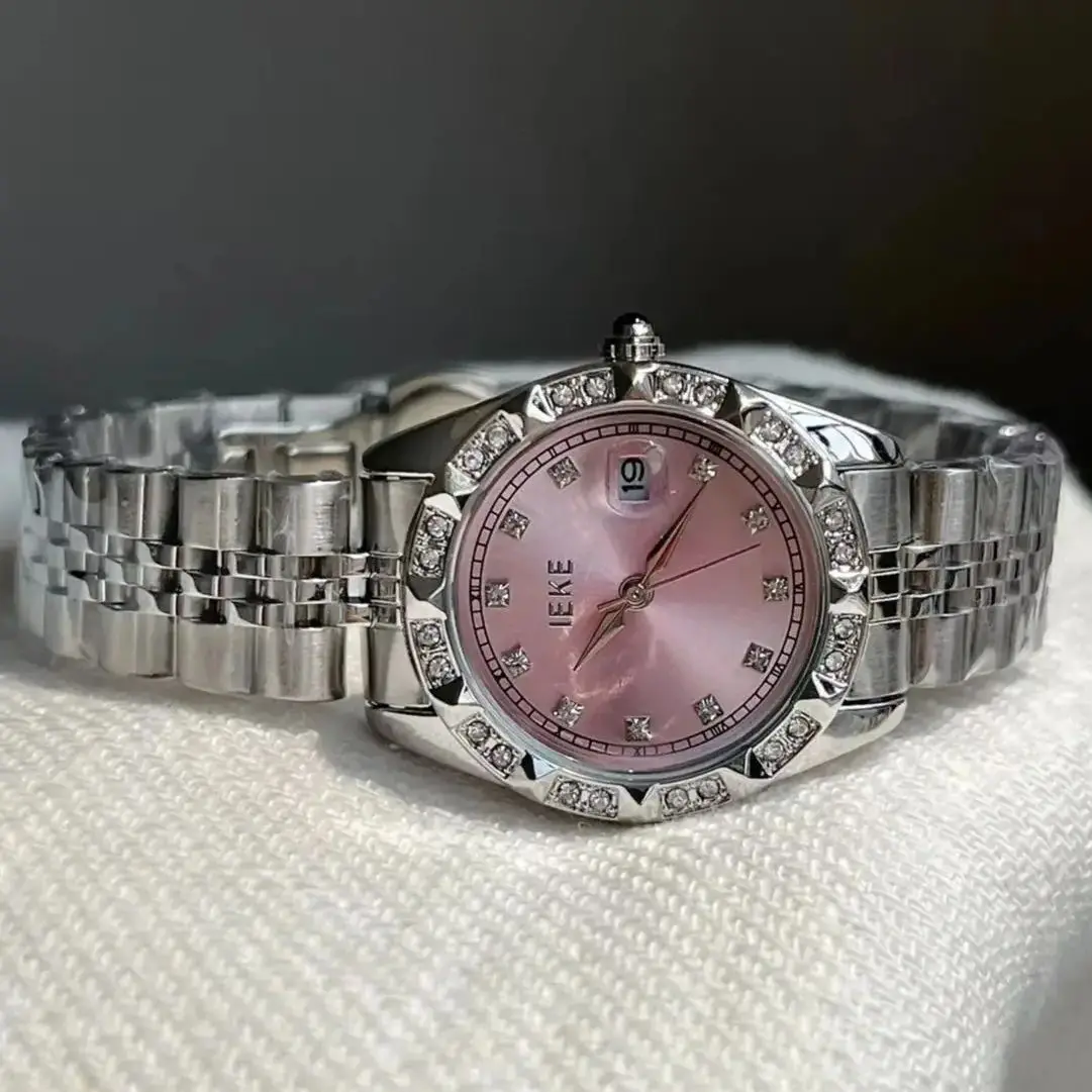 Women's Crystal Accented with Solid Alloy Steel Band Watch Elegant Dress Quartz Calendar Watches for Women