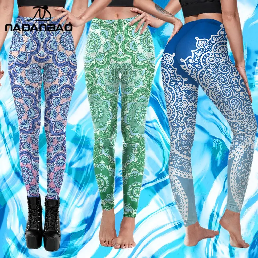 Nadanbao Dameslegging De Om Symbool Mandala Leggings Workout Mid Taille Broek Enkel Slanke Fitness Elasticiteit Yogabroek