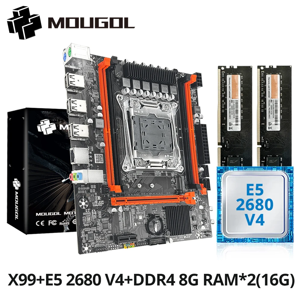 MOUGOL X99 Gaming Motherboard Kit with Intel Xeon E5 2680 V4 & DDR4 8Gx2 2133MHz Dual Channel ECC RAM M.2 NVME for Desktop PC