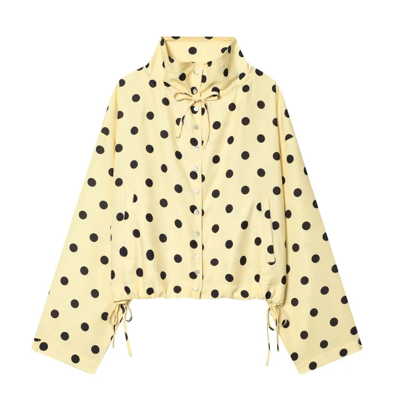 ETJ Dames Polka Dot Crop Jacket Lange Mouw Hoge Kraag Tie Front Windbreaker Casual Streetwear 2026 Mode Outfit