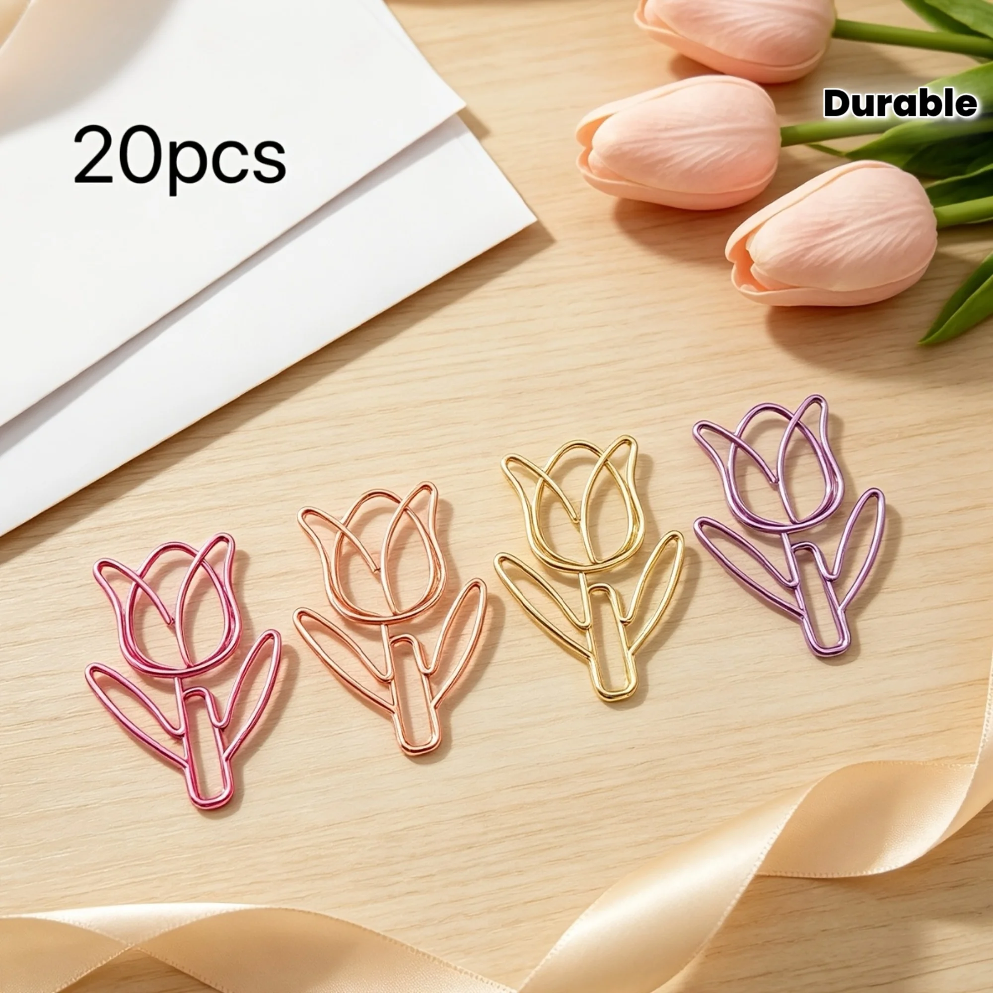 20pcs Cute Tulip Flower Shaped Metal Paper Clips - Cartoon Novelty Bookmarks for School, Office, DIY Diary & Album Stationery