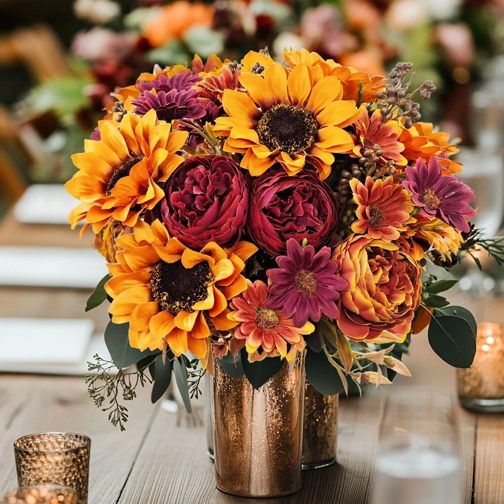 Künstliche Blumen aus Seide, Sonnenblumen, Festival-Kranz, Hochzeitssträuße, Tischdekoration für Zuhause, Vasen, Fensterbank-Dekoration