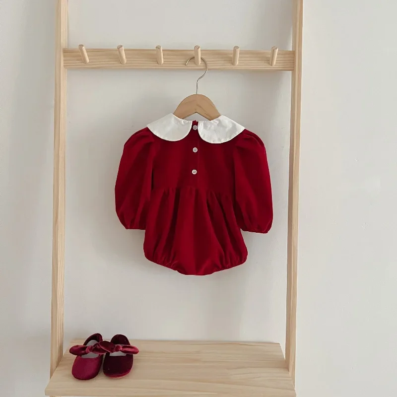 

Christmas Party Baby Girl 66-90cm Red Romper Peter Pan Collar Vintage Triangle Bodysuit Infant Festive Autumn Outfit