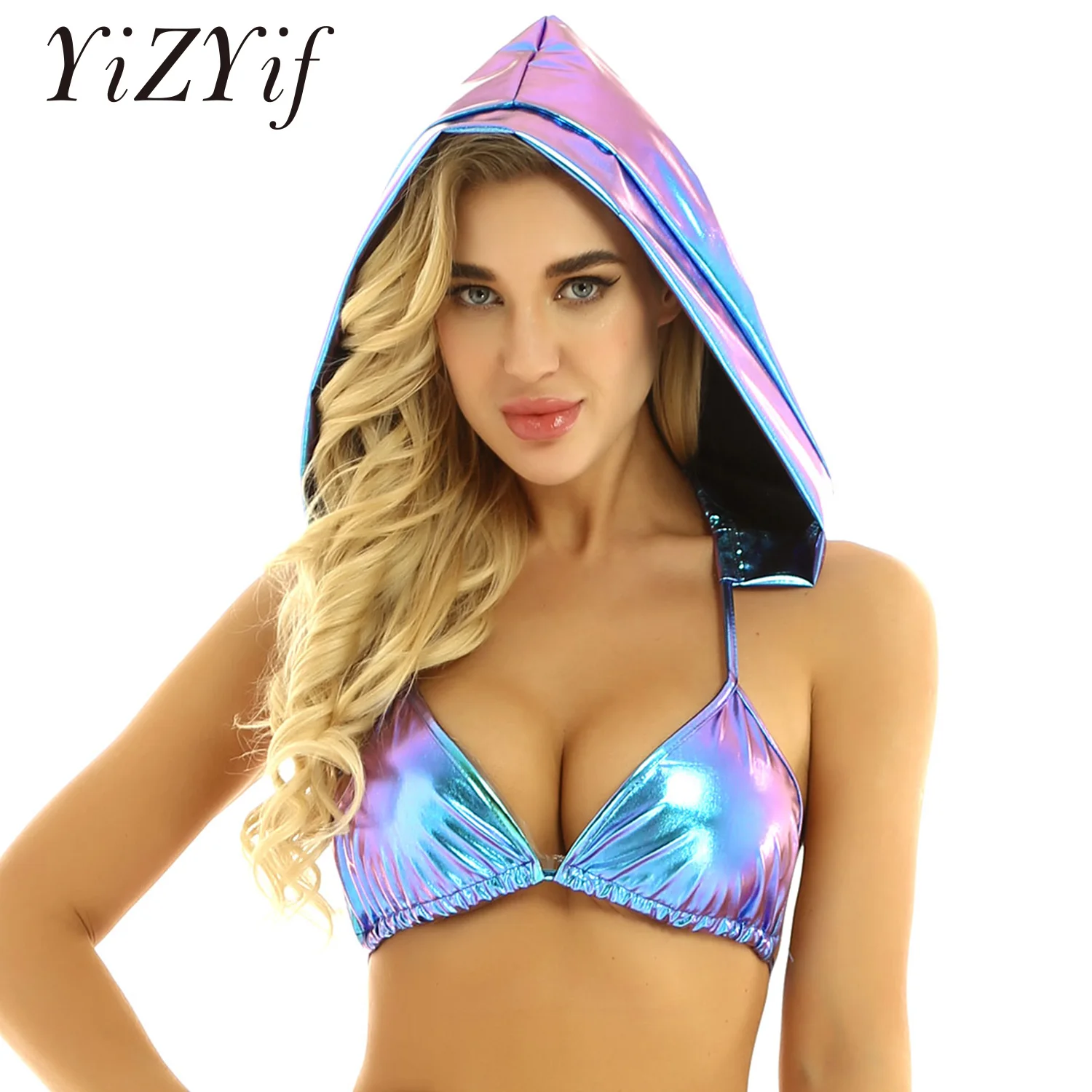 Kobiety holograficzny Crop Top z kapturem Wetlook błyszczący metaliczny biustonosz bez pleców Bikini Top Ropa Pole Dance Festival odzież w stylu