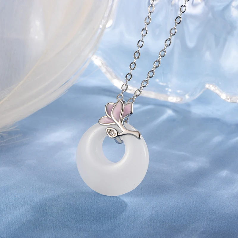 New Chinese Style Orchid White Jade Safety Buckle Necklace Women\'s Winter High-end Feeling Elegant 925 Silver Necklaces KOFSAC