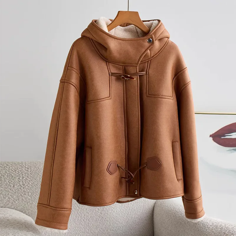 Winter Wool Jacket Women Hooded Long-sleeved Zipper Coat Casual Fashion Streetwear Cow Horn Button Thickened Outerwear