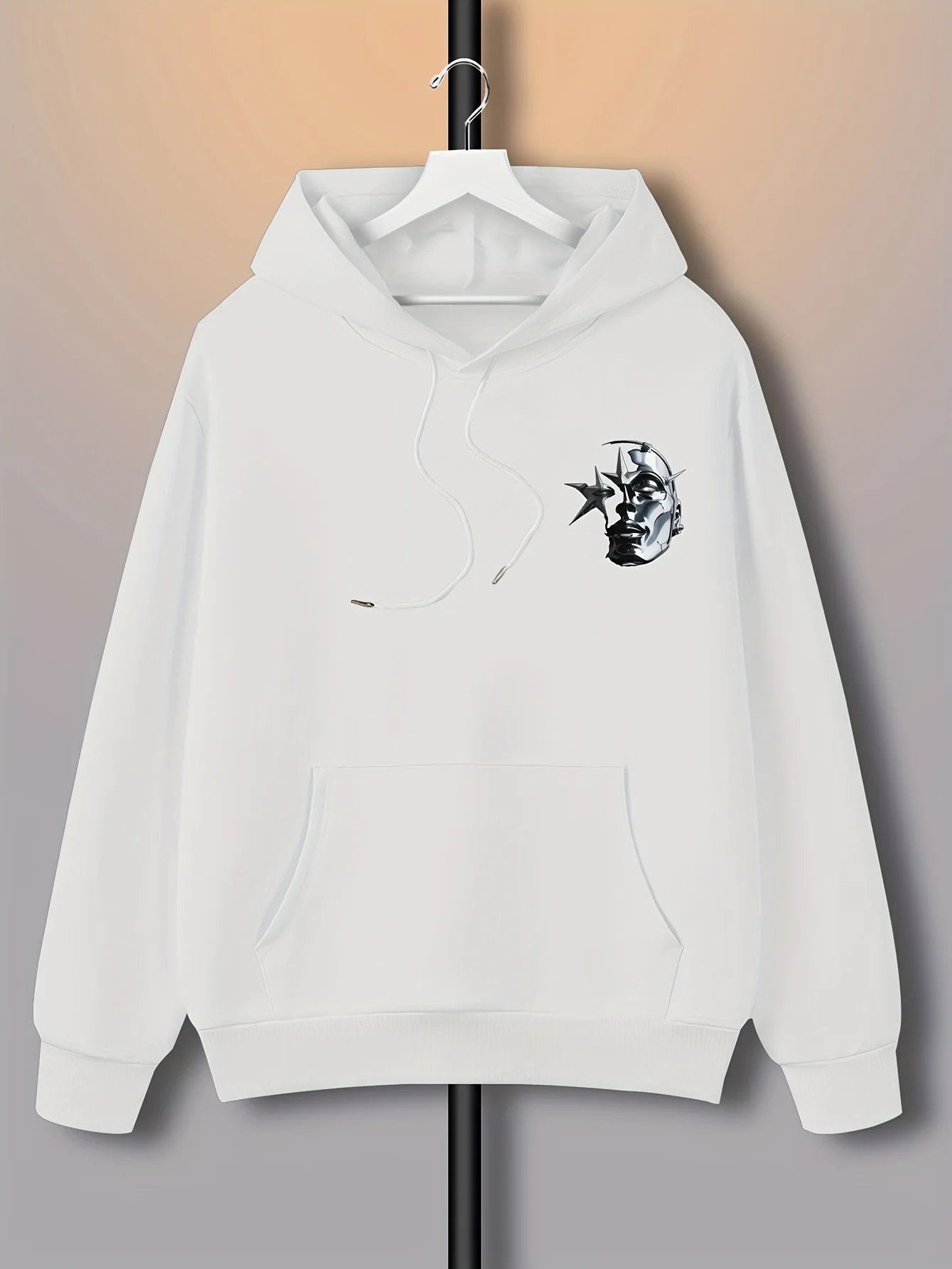 Cyber Machinery Men's Hooded Sweatshirt - Metal Face Future Style Back Print - Fashion Kangaroo Pocket Hooded Sweatshirt