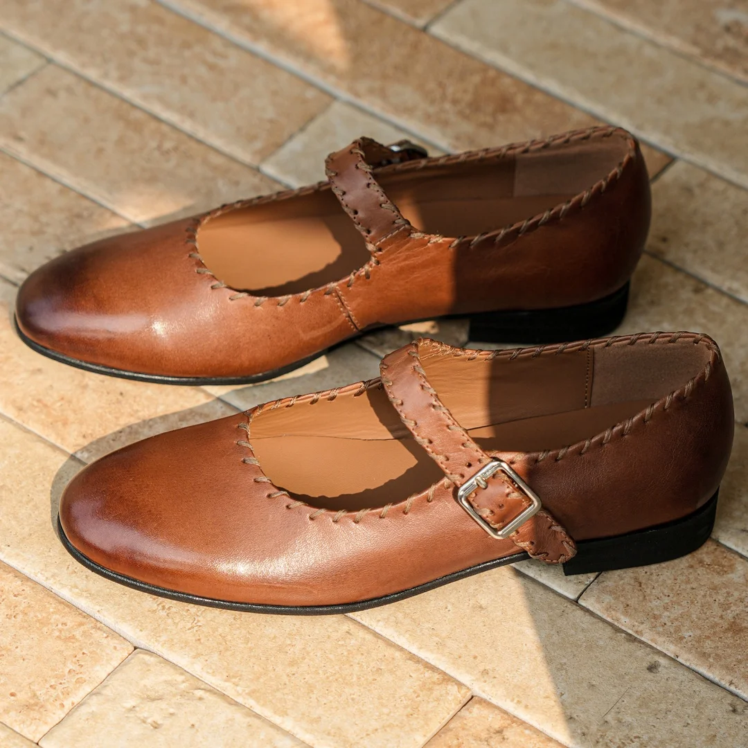 

Women's cow leather round toe metal buckle slip-on Mary Jane flats high quality soft comfortable casual female daily shoes woman