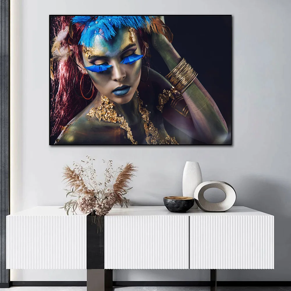 Canvas Prints Blue Gold African Woman Painting Posters Multicolor Girl Makeup Wall Art Room Decoration Aesthetic Picture