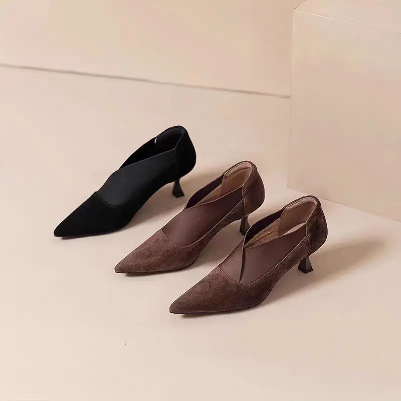 Spring and Autumn New French Retro Pointy Short Heel Boots Shallow Mouth A Slip-on High Heels Women's Dress Women's Shoes