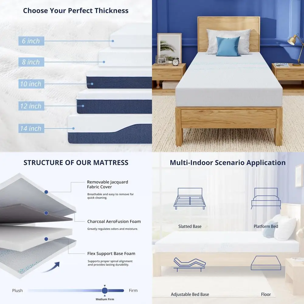 

Матрас из гелевой пены с эффектом памяти 6 Twin для детей, с покрытием с углем, сертифицирован Certi-US, средней жесткости, моющийся, 75x38x6, матрас в коробке