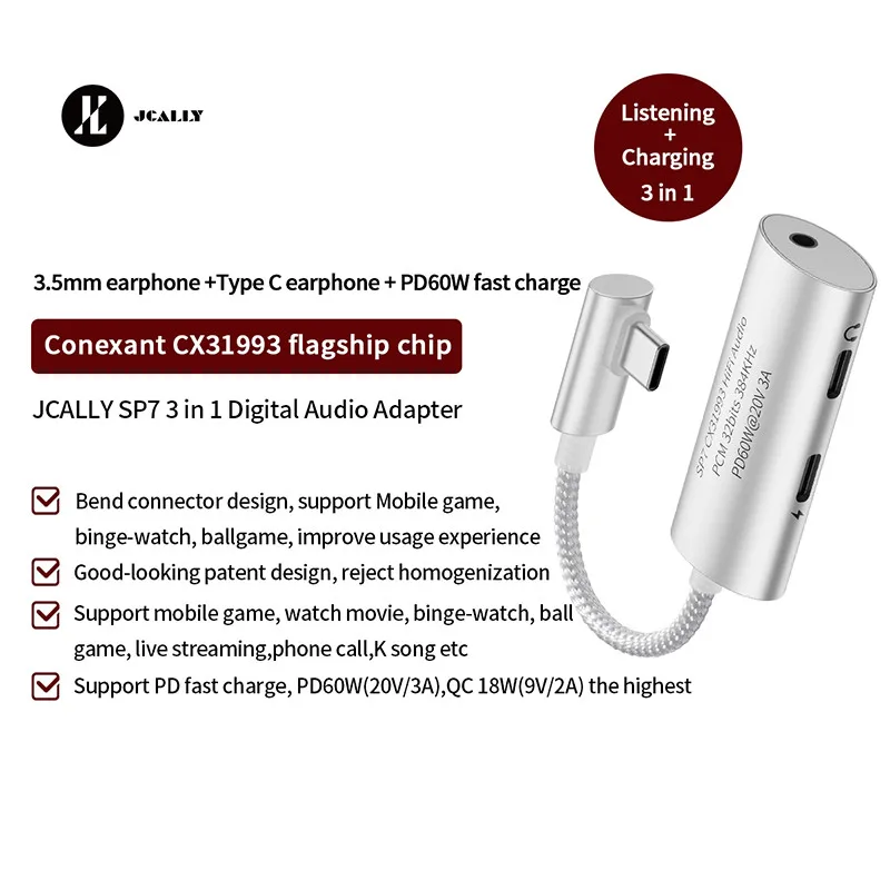 JCALLY SP7 Headphone ponsel multifungsi, upgrade baru 3-in-1 dekode adaptor Typec Dac untuk beragam skenario aplikasi