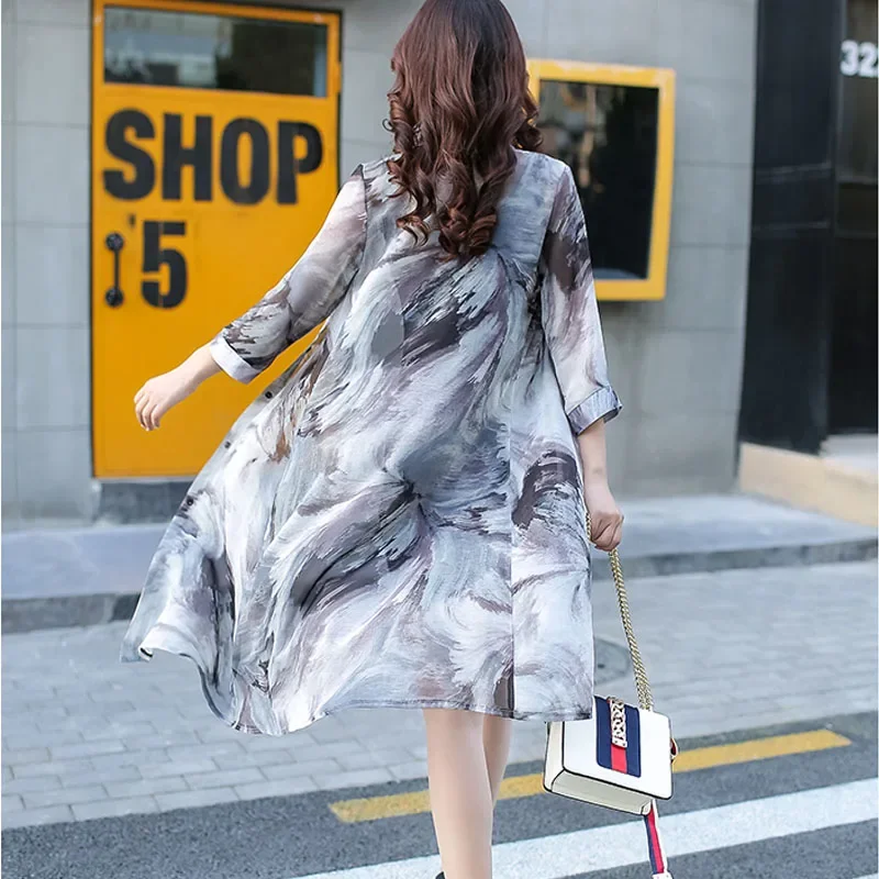 Summer Sun Protection Women Long Blouses Super Thin Floral Chiffon Cardigan Half Sleeve Loose Flower Print Blouse Shirts 4152 50