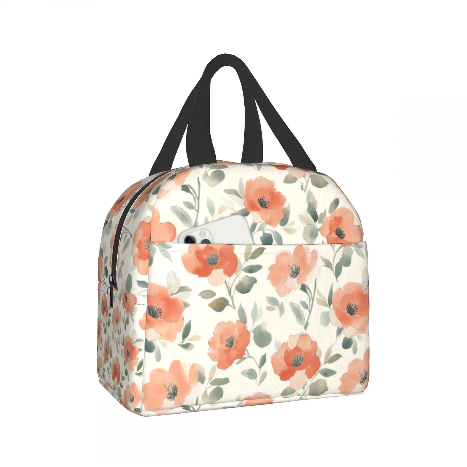 

Orange flowers Lunch Bag Waterproof Insulated Canvas Cooler Bag Thermal Cold Food Picnic Travel Tote for Women Children