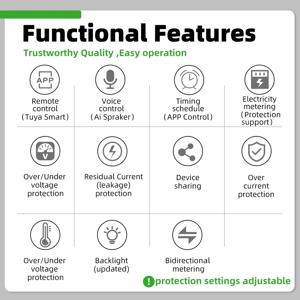 Tuya WiFi Intelligent Circuit Breaker Bidirectional Metering Power Meter Reclosure Switch Timing Schedule APP Control Functions
