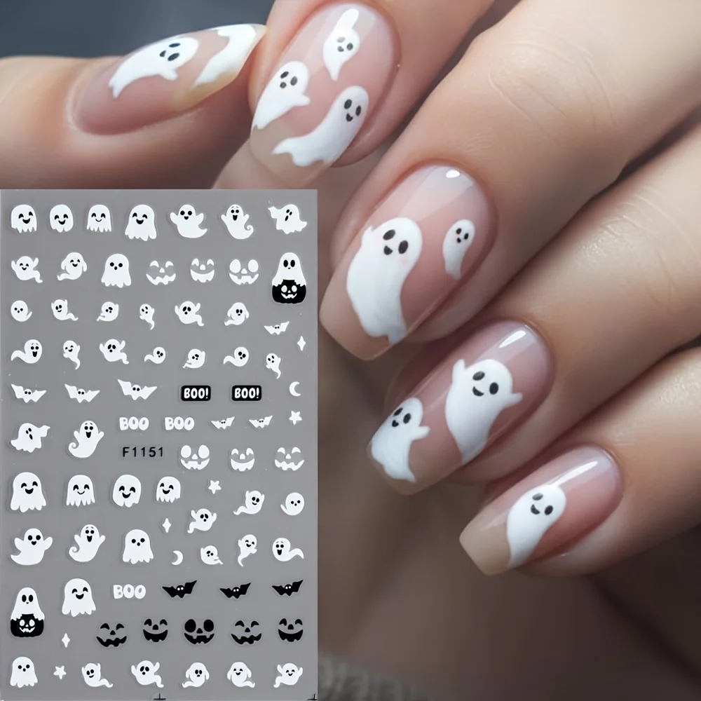 Luminous Halloween Spooky Nail Stickers White Ghost Pumpkin Design Decals Glow in The Dark Manicure Nail Art Decorations