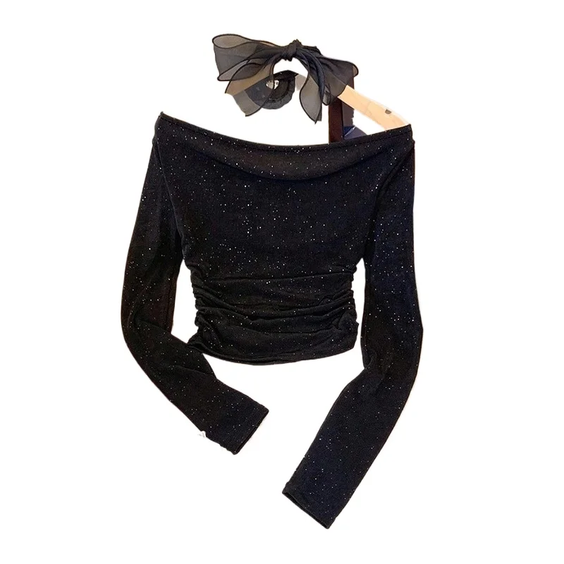 

Cross-border Women's Clothing Spring New Pure Desire Mature Wind Slim and Thin Full Diamond Slanted Shoulder Long Sleeve Chest