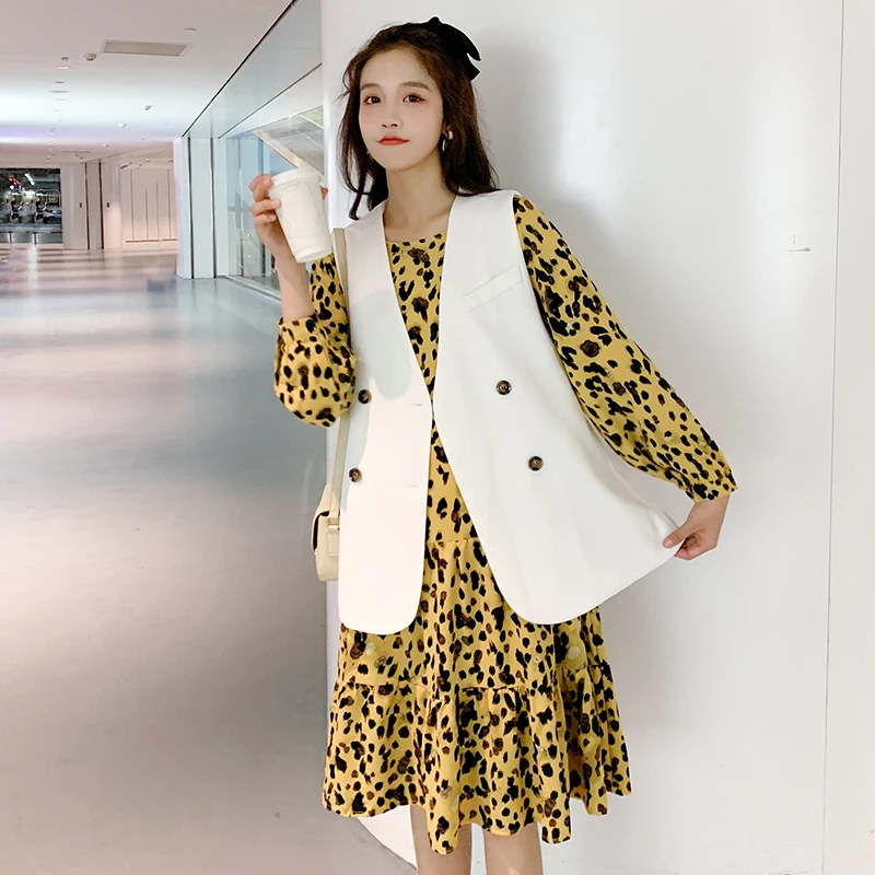 Mode Mutterschaft Kleid Anzüge Gelb Leopard Gedruckt Kleid Weiß Weste Jacke Twinset Plus Größe Schwangere frauen Kleidung Set Nette