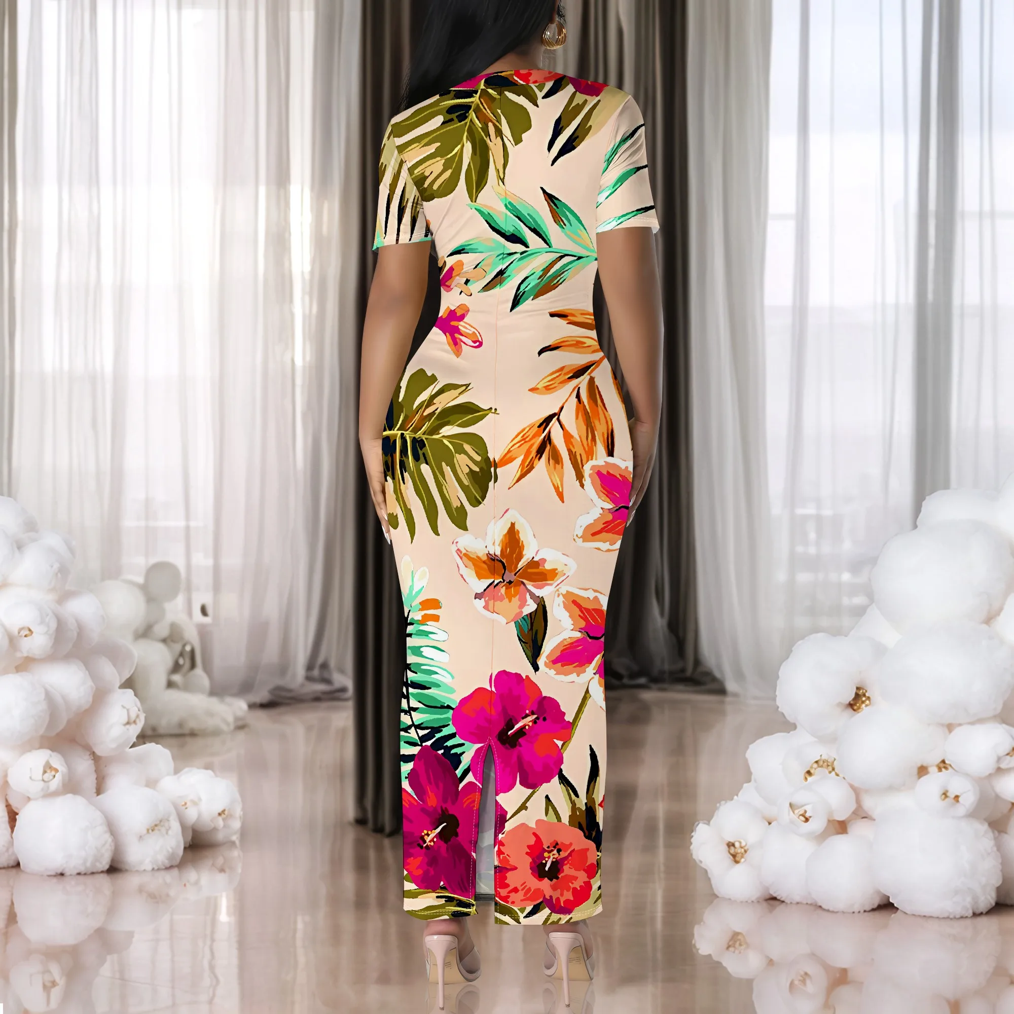 Tropical Floral Print Bodycon Maxi Dress Women Slim Fit Vacation Vibe Summer Resort Wear