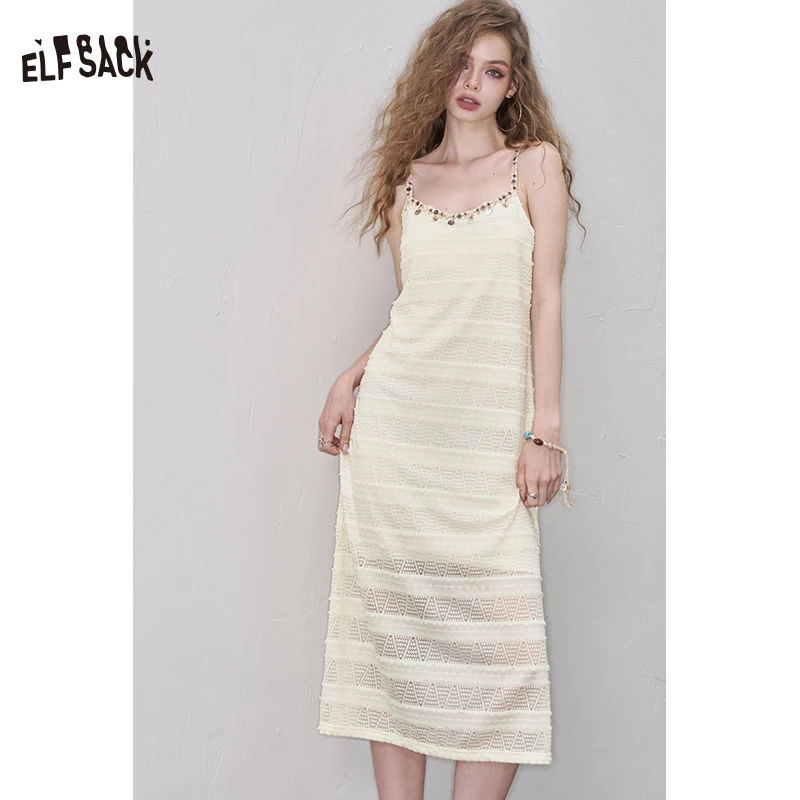 

ELFSACK 2025 Summer New Arrivals Boho Shell Detail Knit Maxi Dress for Women Side Slit Beach Style