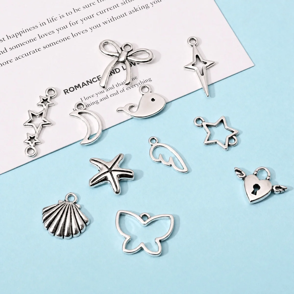 10Pcs Alloy Antique Silver Charms Star Wing Moon Whale Bow Vintage Pendants For DIY Bracelet Necklace Jewelry Making Accessories