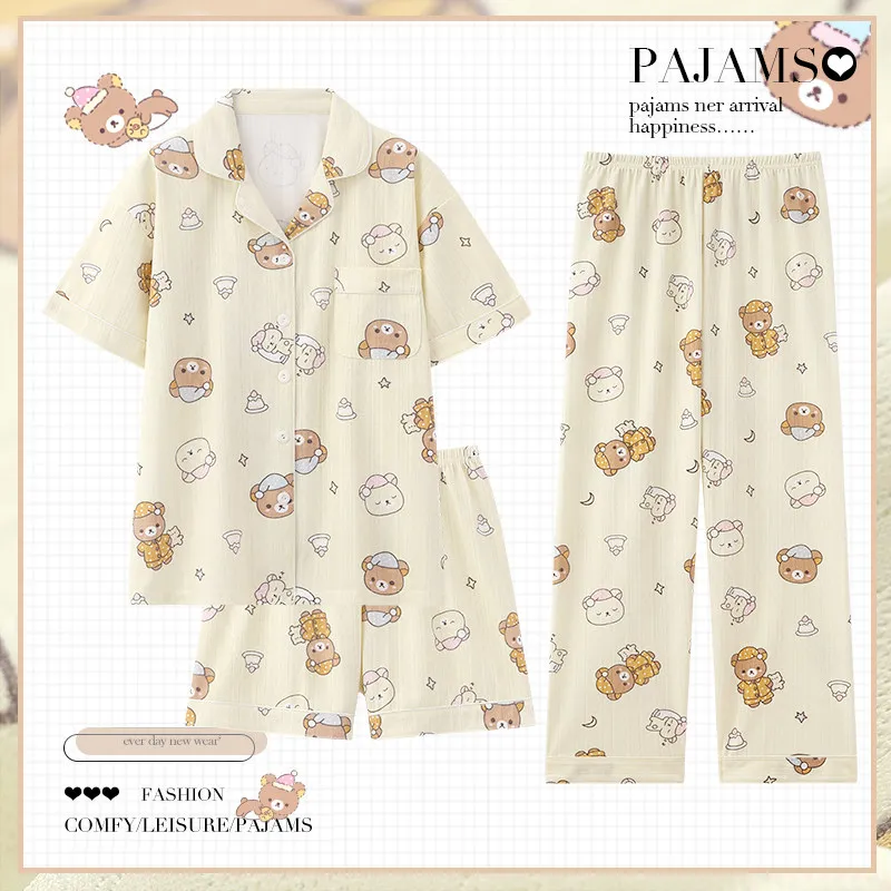 

Anime Periphery Rilakkuma 3-Piece Cotton Pajama Set Thin Cute Cartoon Loungewear Women’S Cozy Homewear Perfect Surprise Gift